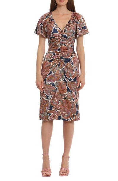 Maggy London Floral Puff Sleeve Ruched Sheath Dress In Navy/ Umber Brown
