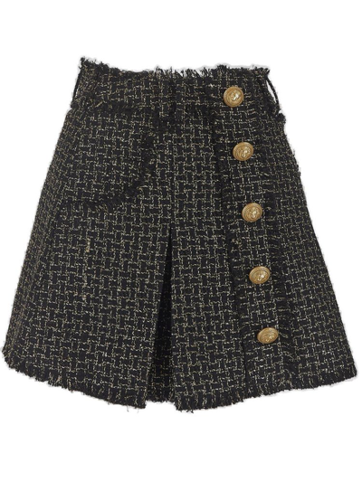 Balmain Pleated Lurex Tweed Mini Skirt In Black