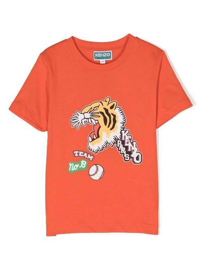 Kenzo Kids' Tiger-print Organic-cotton T-shirt In Orange