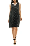 Nina Leonard Plissé Split Neck Dress In Black/ White