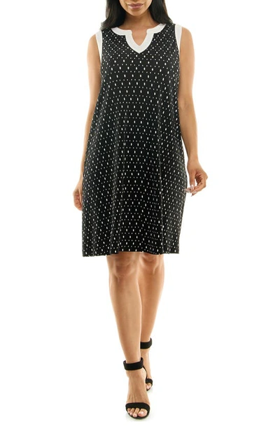 Nina Leonard Plissé Split Neck Dress In Black/ White