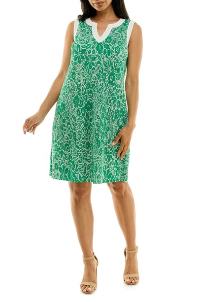 Nina Leonard Plissé Split Neck Dress In Bright Green