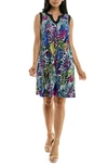 Nina Leonard Plissé Split Neck Dress In Lapis Multi