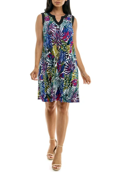 Nina Leonard Plissé Split Neck Dress In Lapis Multi