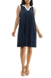 Nina Leonard Plissé Split Neck Dress In Navy/ White