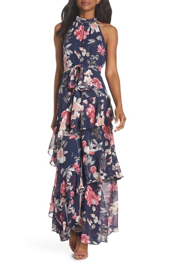 halterneck chiffon maxi dress navy