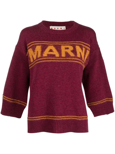 Marni Intarsia-logo Virgin-wool Sweater In Burgundy