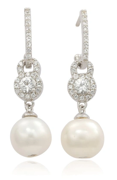 Suzy Levian Sterling Silver Freshwater Pearl Drop Earrings In Silver/ White