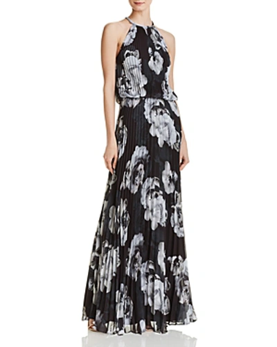 Avery G Floral Pleated Chiffon Gown In Black/white