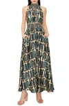 Melloday Geo Mock Neck Maxi Dress In Green/ Gold