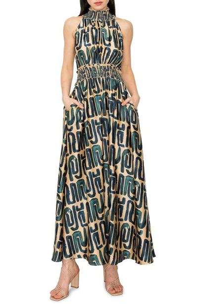 Melloday Geo Mock Neck Maxi Dress In Green/ Gold