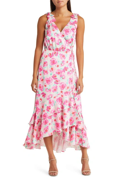 Adelyn Rae Willow Floral Ruffle Handkerchief Hem Wrap Dress In Pink/ Mint