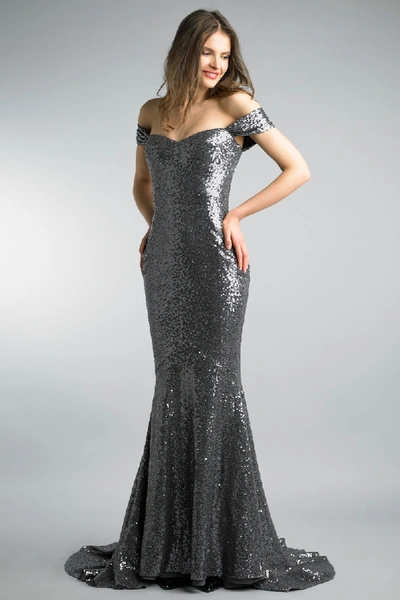 Basix Black Label Charcoal Off The Shoulder Sequined Evening Gown