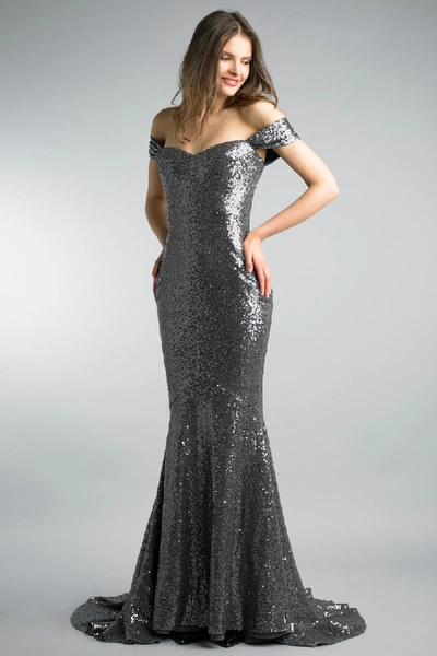 Basix Black Label Charcoal Off The Shoulder Sequined Evening Gown In Black