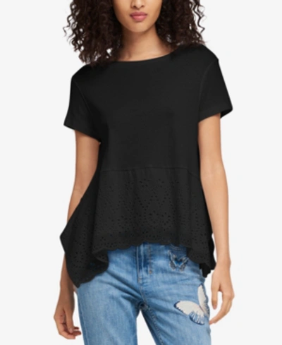 Dkny Cotton Eyelet Top In Black