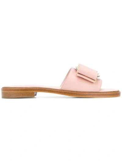 Ferragamo Isera Pink Leather Studded Bow Slide Sandals In Nocolor