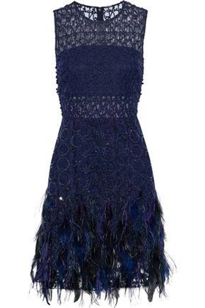 Elie Tahari Woman Annabelle Feather trimmed Embellished Gauze Mini Dress Midnight Blue ModeSens