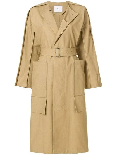 Ujoh Side Slit Collarless Trench Coat In Neutrals
