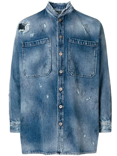 Overcome Stonewashed Distressed Denim Shirt In Blue