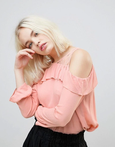 Hazel Frill And Lace Cold Shoulder Blouse - Pink