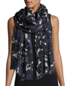 Burberry Floral Beasts Giant Check Scarf, Dark Blue In Storm Blue