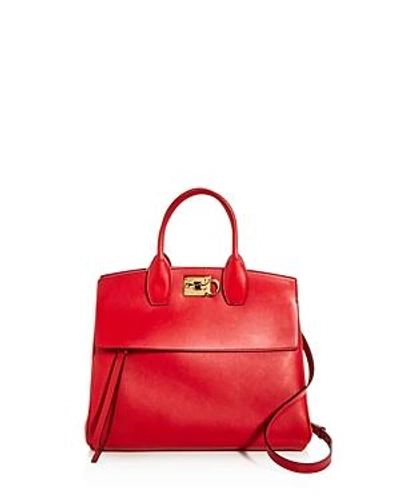 Ferragamo Large Studio Leather Satchel In Lipstick Red/gold