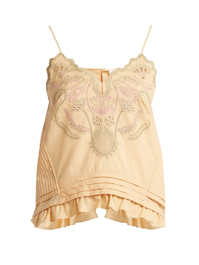 Chloé Sleeveless Thin-strap Cotton Voile Top W/ Blossom Embroidery In Pale Yellow