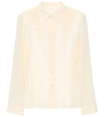 Chloé Long-sleeve Button-down Silk Shirt With Lace In Butter Cream