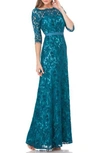 Js Collections Bateau Neck Lace Gown In Turquoise