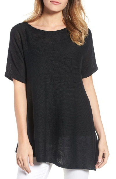 Eileen Fisher Short-sleeve Asymmetric Linen Top In Black