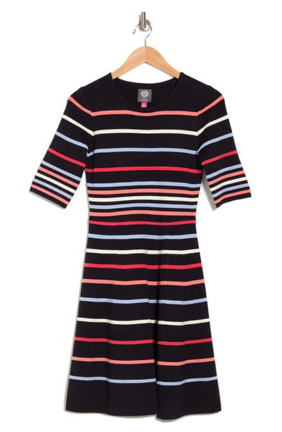 Vince Camuto Stripe Elbow Sleeve Fit & Flare Dress In Black Multi