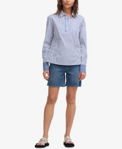 Dkny Striped Popover Shirt In Ivory Combo