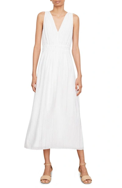 Vince Pleated Double V-neck Sleeveless Midi Dress In White