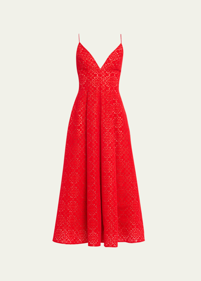 Lela Rose Eyelet Embroidered Midi Dress With Pockets In Red