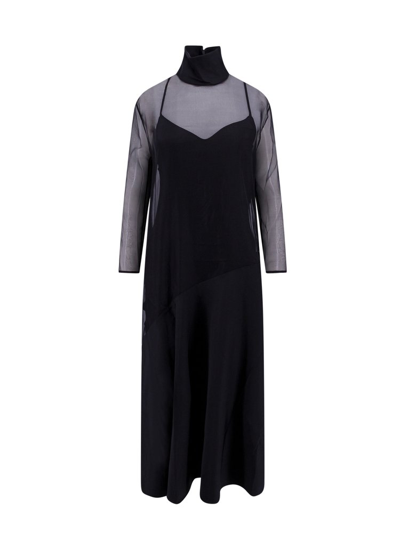 Khaite Bellamy Paneled Long-sleeve Sheer Silk Maxi Dress In Black