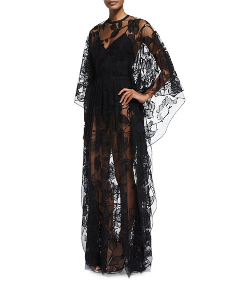 Elie Saab Sheer Floral-lace Long-sleeve Gown, Black | ModeSens