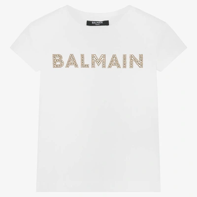 Balmain Kids' Girls White Cotton Diamanté T-shirt