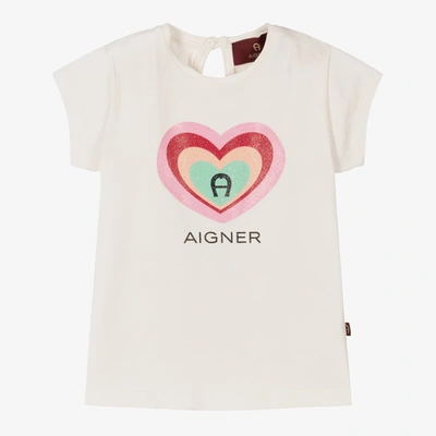 Aigner Babies'  Girls Ivory Cotton Logo T-shirt