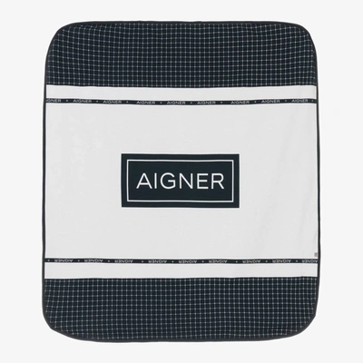 Aigner White & Navy Blue Pima Cotton Baby Blanket (85cm)