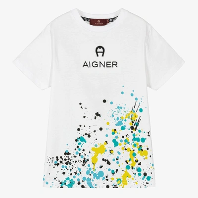 Aigner Kids' Logo刺绣泼漆效果印花t恤 In White