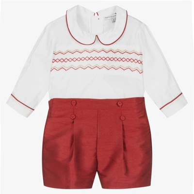 Beatrice & George Babies' Boys Red Dupion Hand-smocked Buster Suit