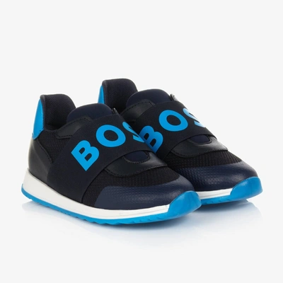 Hugo Boss Kids' Boss Boys Blue Leather Logo Trainers