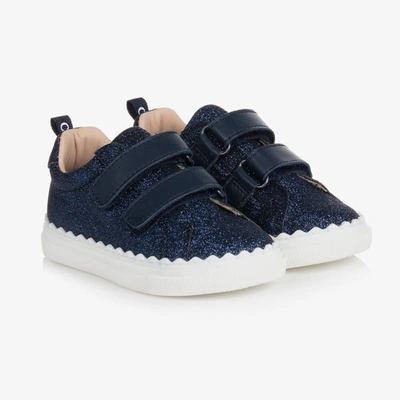 Chloé Kids' Girls Navy Blue Leather Glitter Trainers