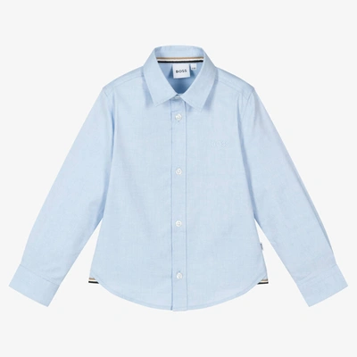 Hugo Boss Boss Boys Blue Oxford Cotton Logo Shirt In Pale Blue