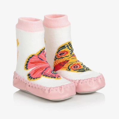 Powell Craft Babies' Girls Pink & White Butterfly Slipper Socks
