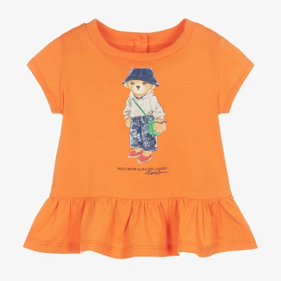 Ralph Lauren Baby Girls Orange Cotton Bear T-shirt
