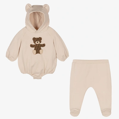 Fendi Beige Cotton Ff Teddy Bear Babysuit Set