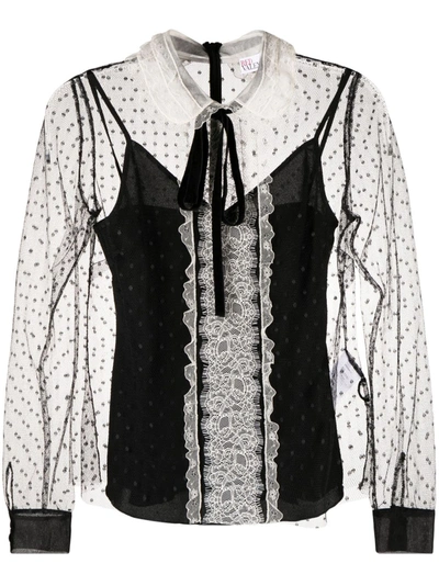 Red Valentino Pussy-bow Lace-trimmed Point D'esprit Blouse In Nero E Bianco