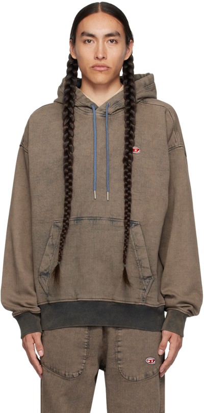 Diesel Logo-patch Denim Drawstring Hoodie In Brown