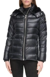 Calvin Klein Faux Fur Trim Chevron Quilt Down Puffer Jacket In Pearlized Black